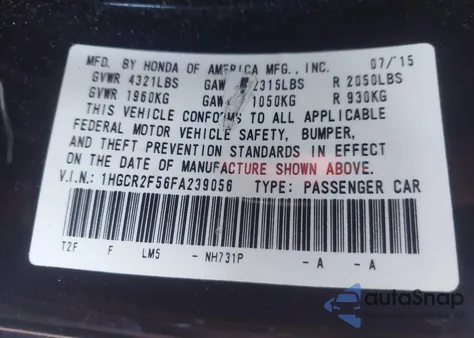 2015 Honda Accord Sport из США, поврежденный, VIN 1HGCR2F56FA239056